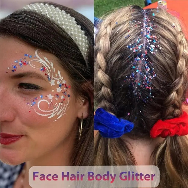 【Flash-Sale!】Patriotic USA Flag Face Hair Glitter for Independence Day Memorial Day Veterans Day, 4Th of July Outfits and Access